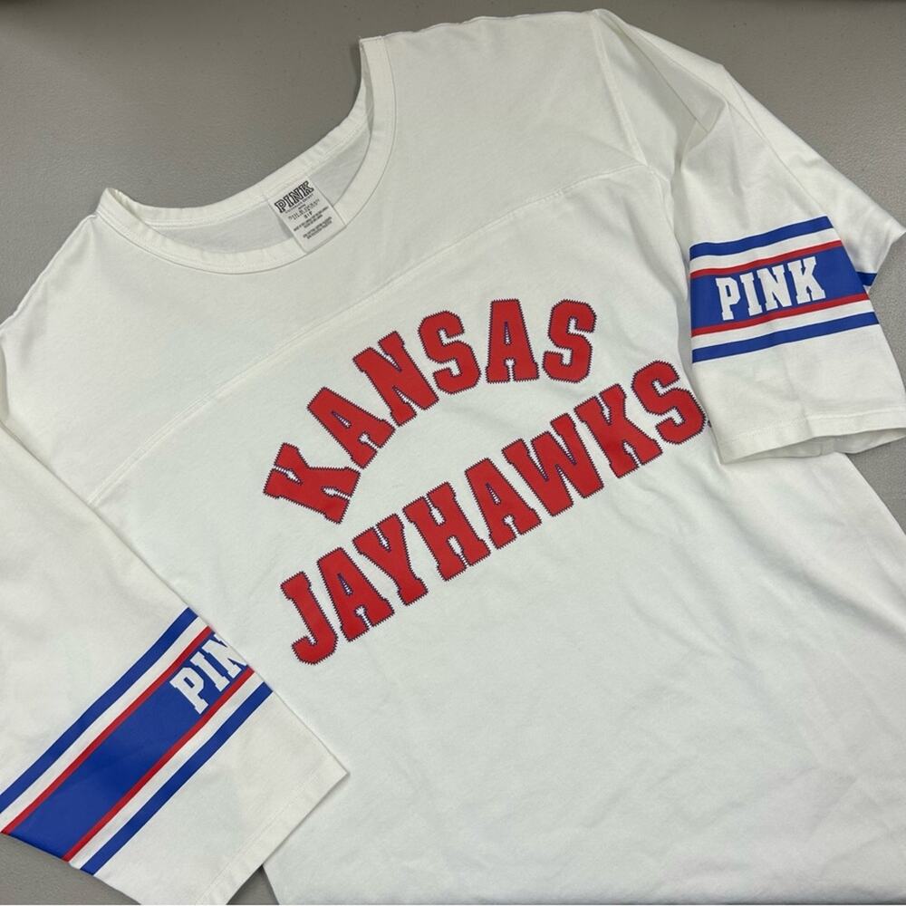 PINK Victoria's Secret Kansas Jayhawks White Red 3/4 Sleeve Tee Shirt Basketball